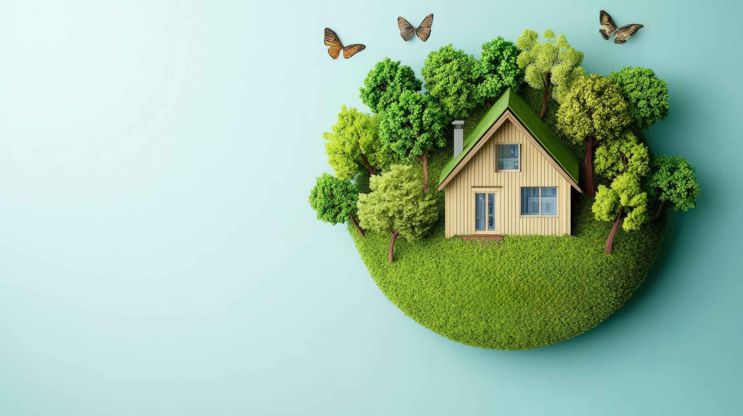 Kleines Haus mit Bäumen, Gras und Schmetterlingen auf blauem Hintergrund.