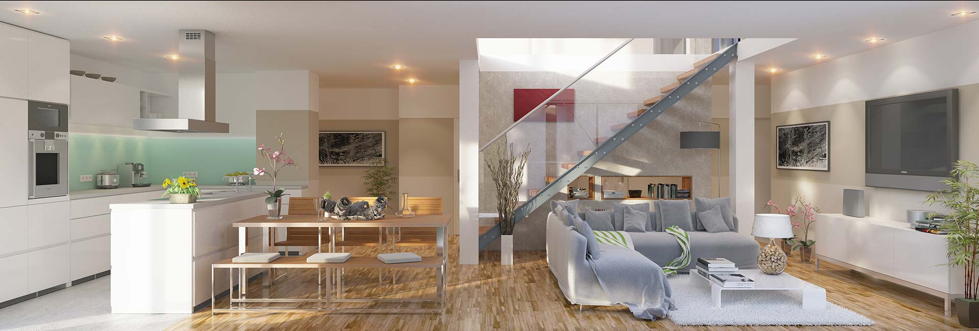 Offener Wohnbereich mit Küche, Esstisch, Sofa und Glastreppe.