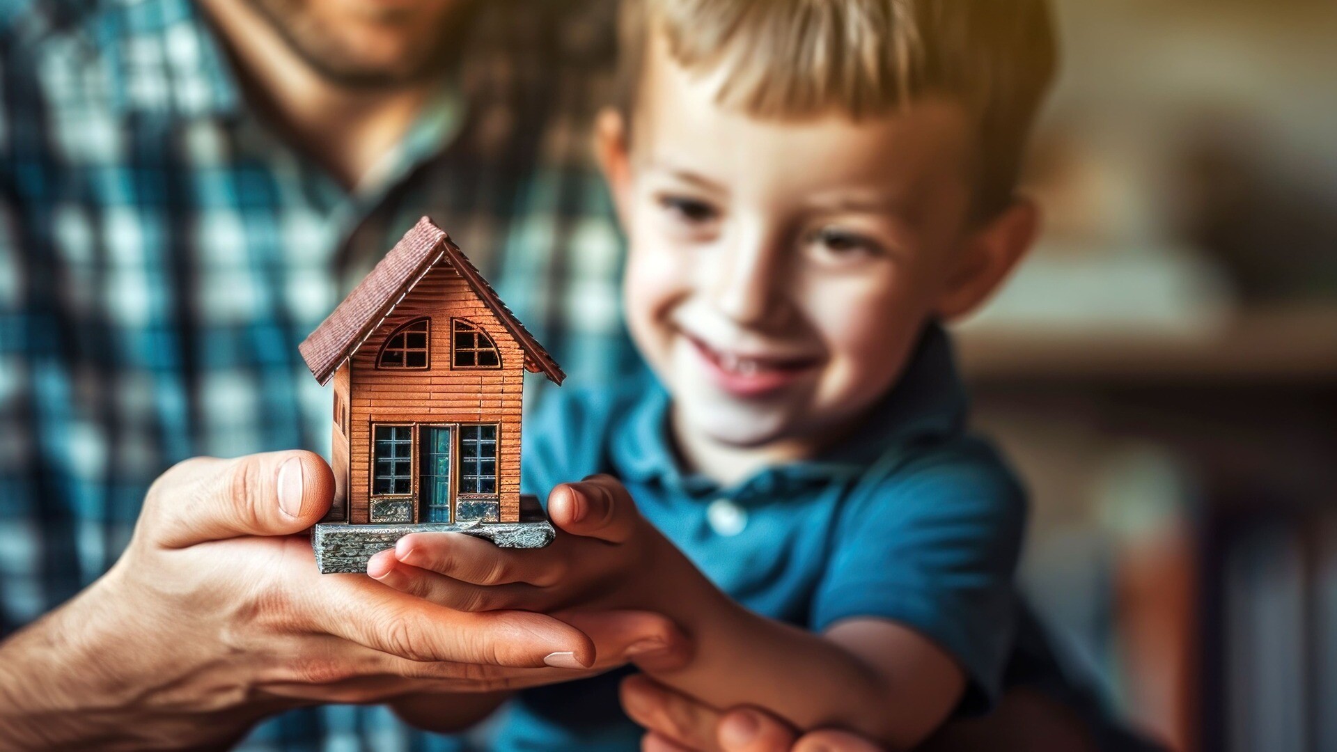 Ein Kind hält ein Modellhaus zusammen mit einem Erwachsenen