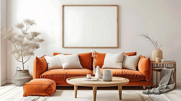 Modernes Wohnzimmer mit orangefarbenem Sofa.
