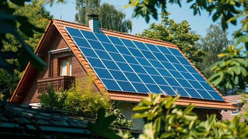 Haus mit Solarpanelen auf dem Dach.