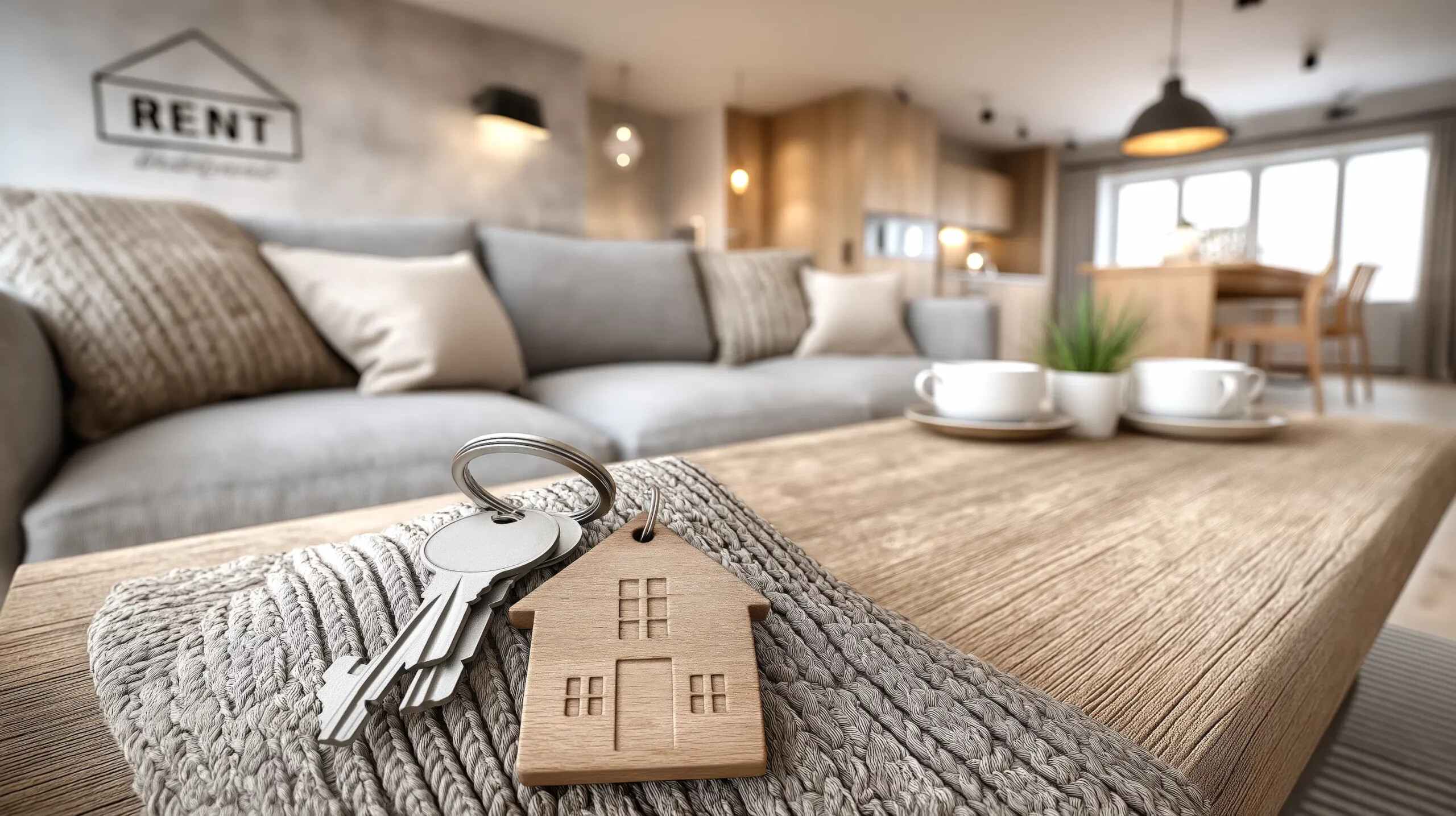 Schlüssel mit Hausanhänger auf Tisch, Wohnzimmer, "Rent"-Schild.