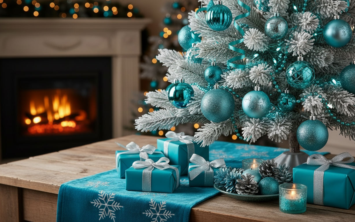 Weihnachtsdeko in türkis mit Kamin