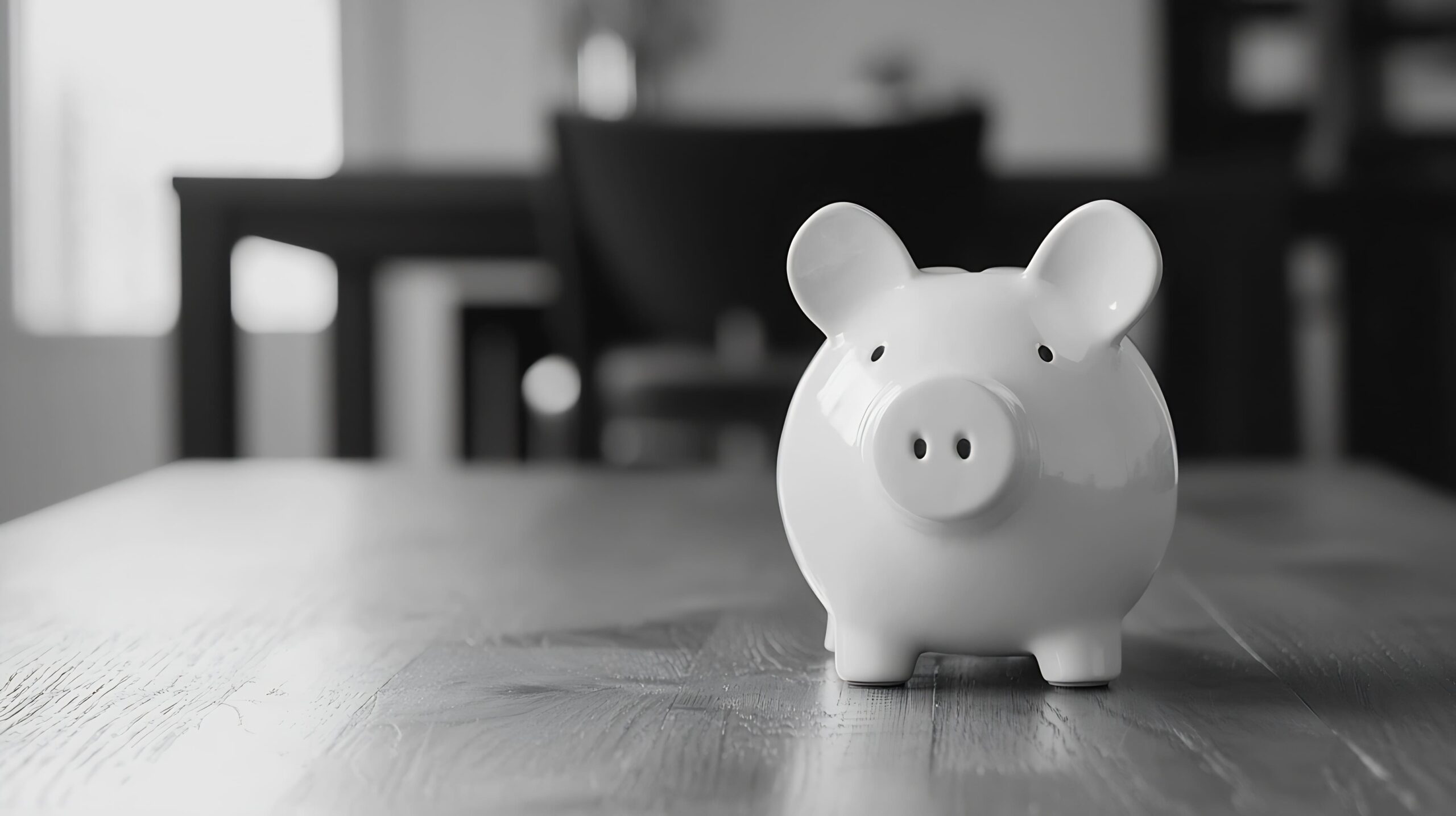 Schwarz-weißes Sparschwein auf Tisch, unscharfe Stühle im Hintergrund.