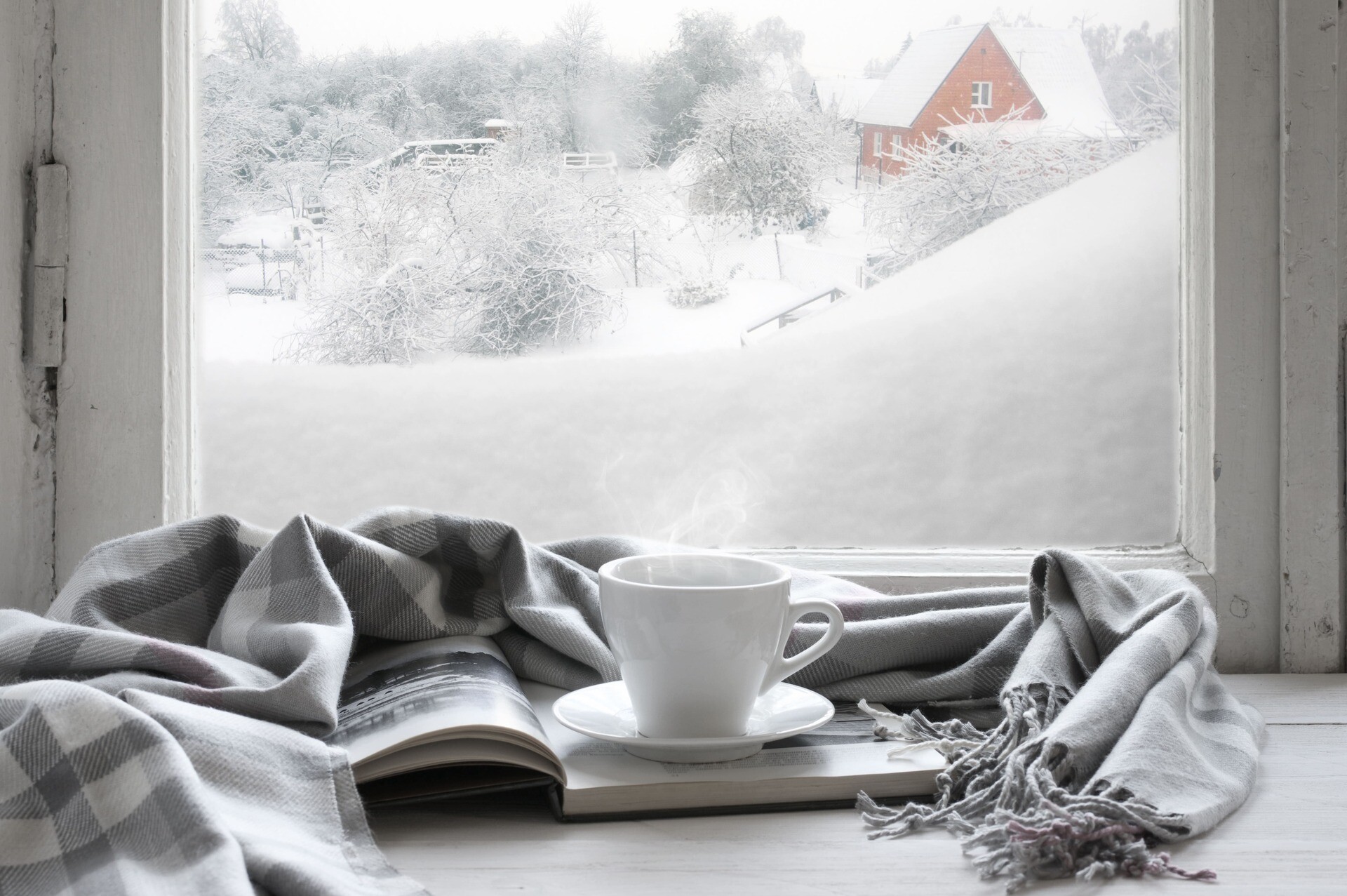 Kaffee, Buch und Decke auf Fensterbank vor verschneiter Landschaft.