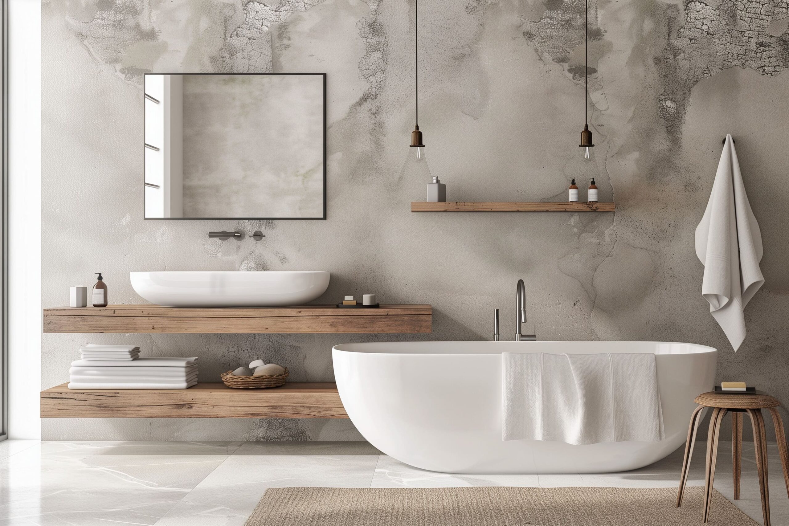 Modernes Bad mit Wanne, Waschbecken, Regalen, neutralen Farbtönen.