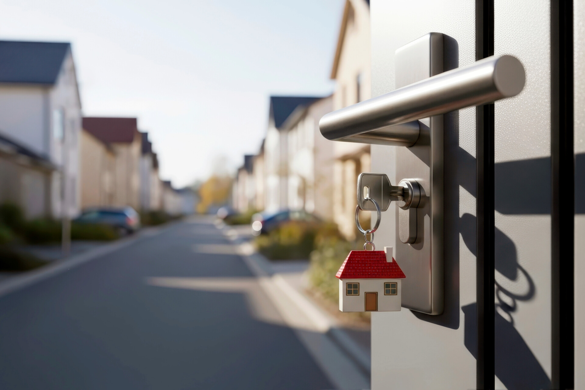Ein Schlüssel mit einem häuschenförmigen Schlüsselanhänger wird in das Schlüsselloch einer halb geöffneten Haustür an einer Wohnstraße gesteckt. Konzept zu Immobilienerwerb, Wohnen