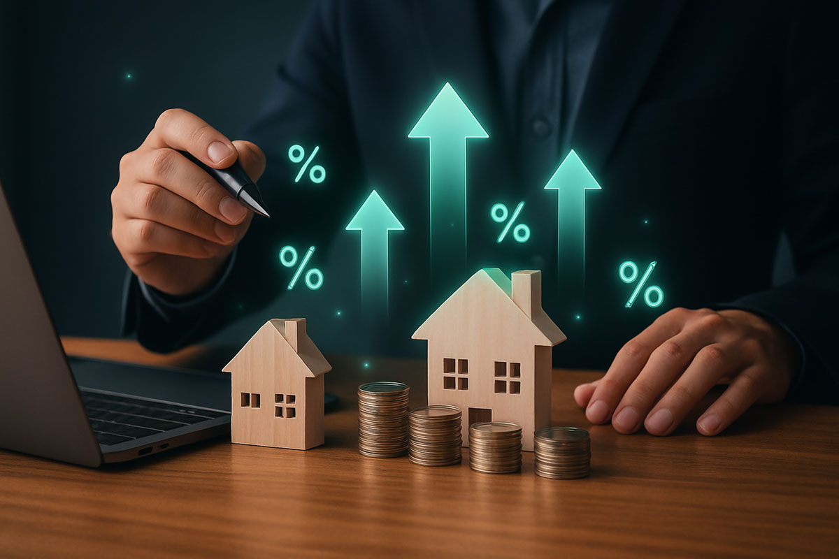 Modellhäuser vor einem Makler mit Pfeilen nach oben und Geldmünzen