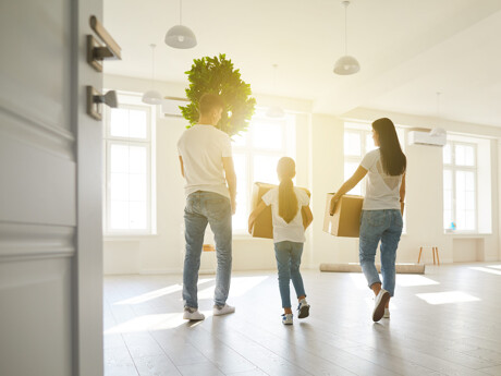 Familie zieht mit Kartons und Pflanze in hellen, leeren Raum ein.
