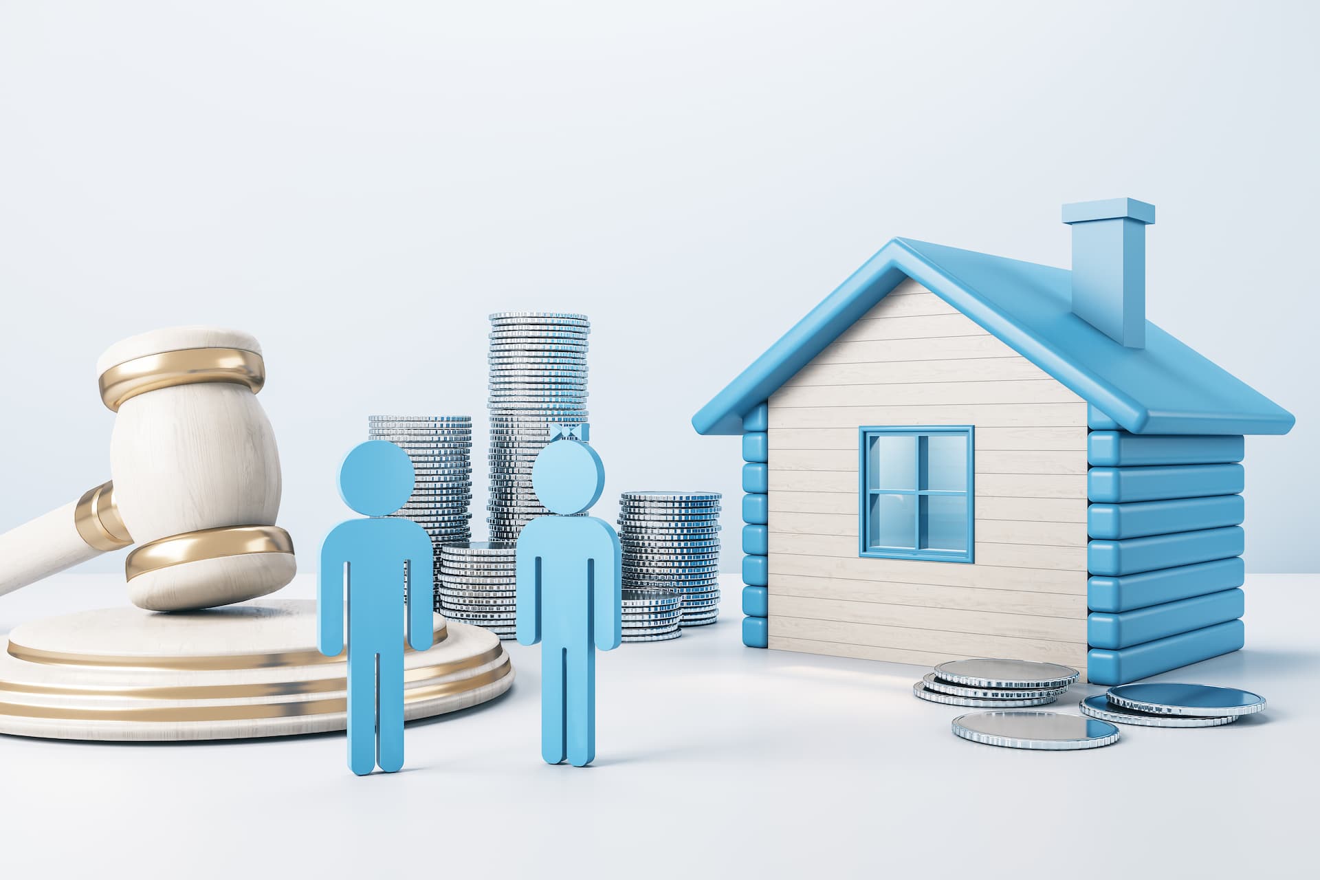 Blaue Figuren, ein Hammer, Münzen und ein kleines Haus auf Weiß.