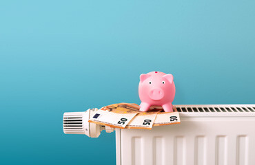 Sparschwein und Euro-Scheine auf Heizung vor blauem Hintergrund.