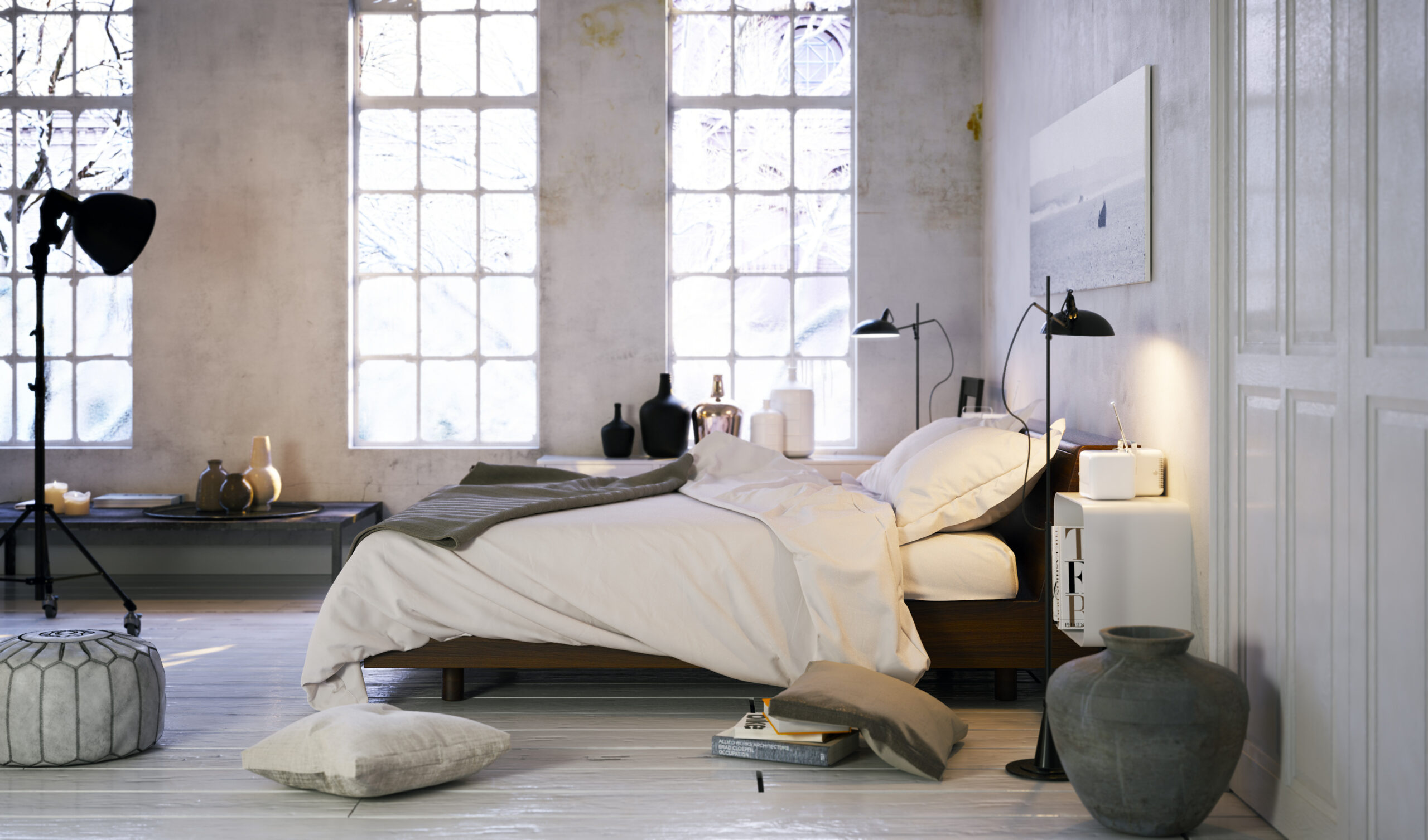 Bett in einer Loftwohnung