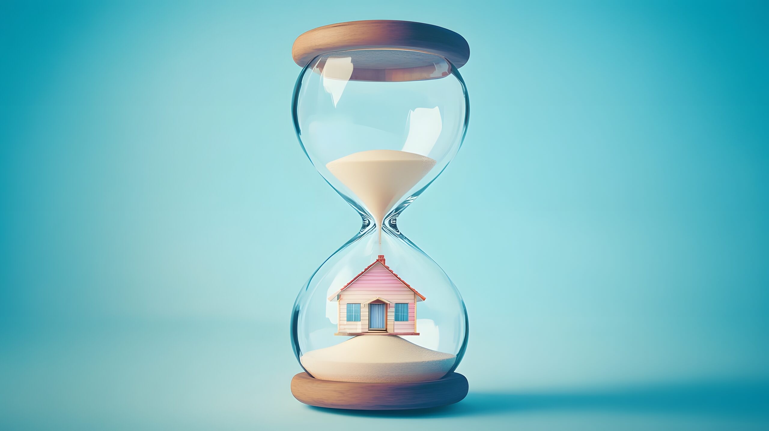 Sanduhr mit Sand, der auf ein Haus fällt, blauer Hintergrund.