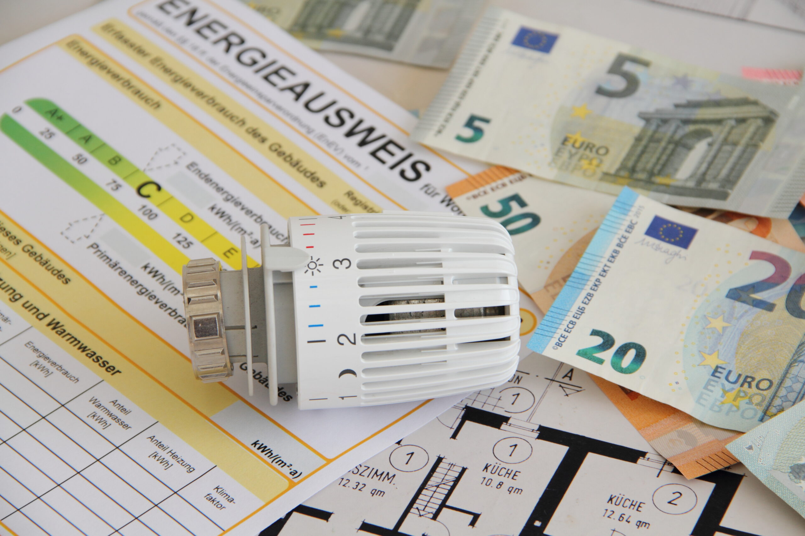 Euro-Geldscheine, Thermostat und Unterlagen liegen auf Bauplan.