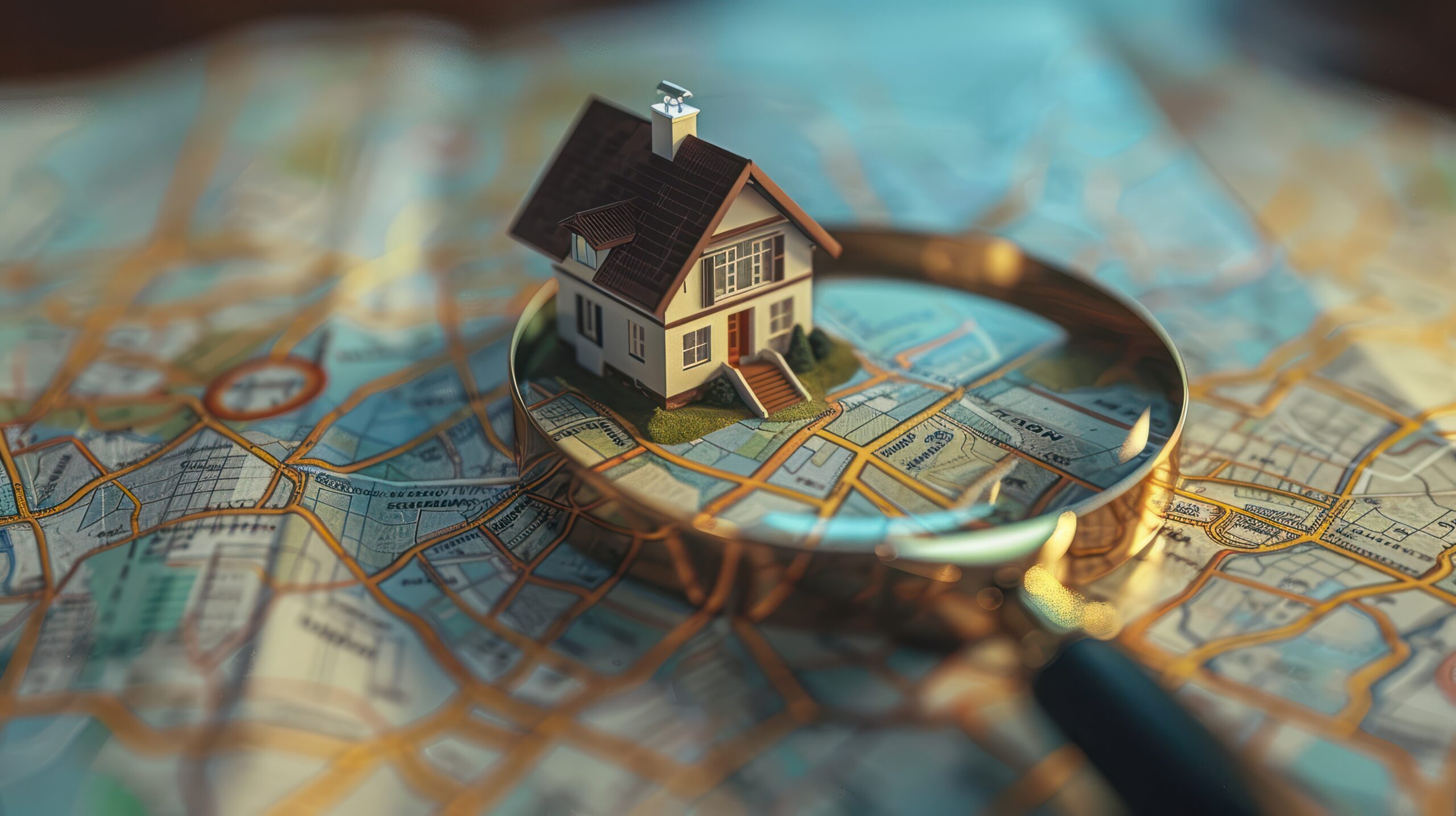 Lupe über Karte mit kleinem Modellhaus in der Mitte.