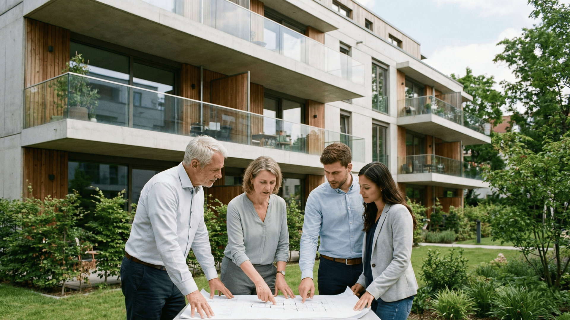 Vier Personen betrachten Pläne vor einem modernen Gebäude im Grünen.