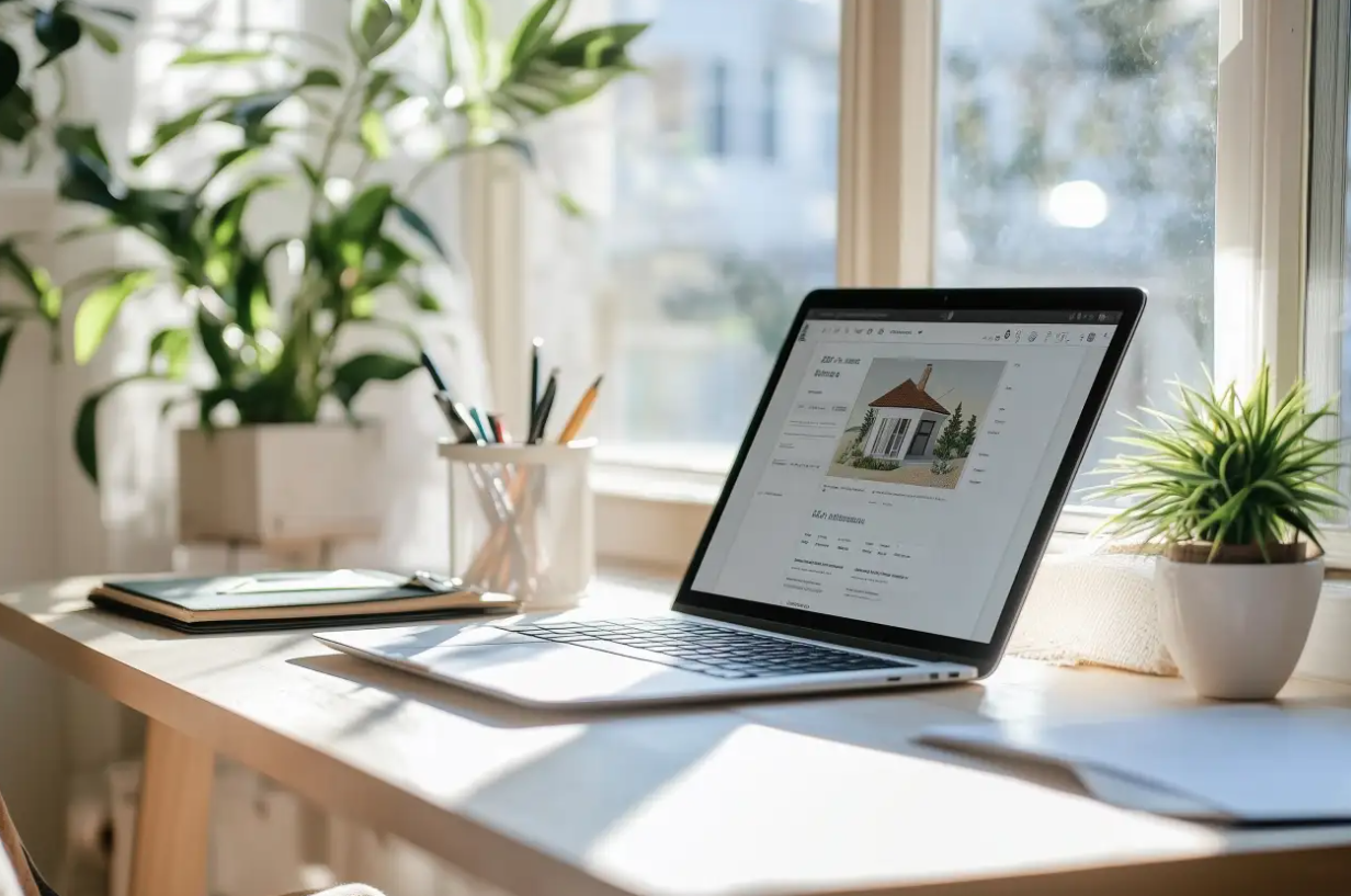 Laptop am Fenster auf hellem Schreibtisch, umgeben von Pflanzen.