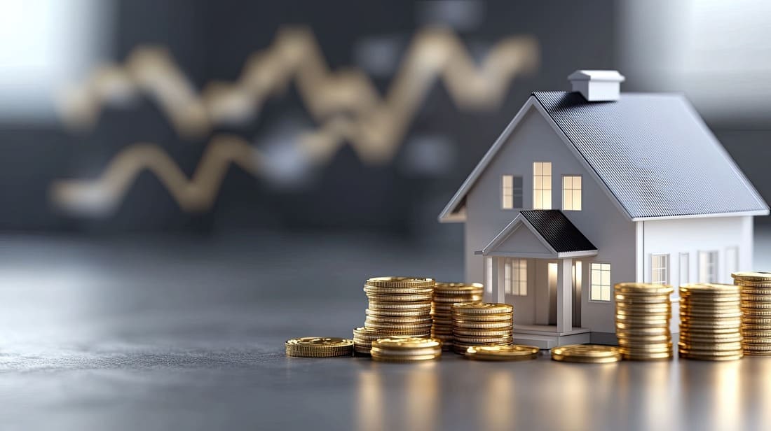 Ein Hausmodell steht hinter mehreren Münzstapeln