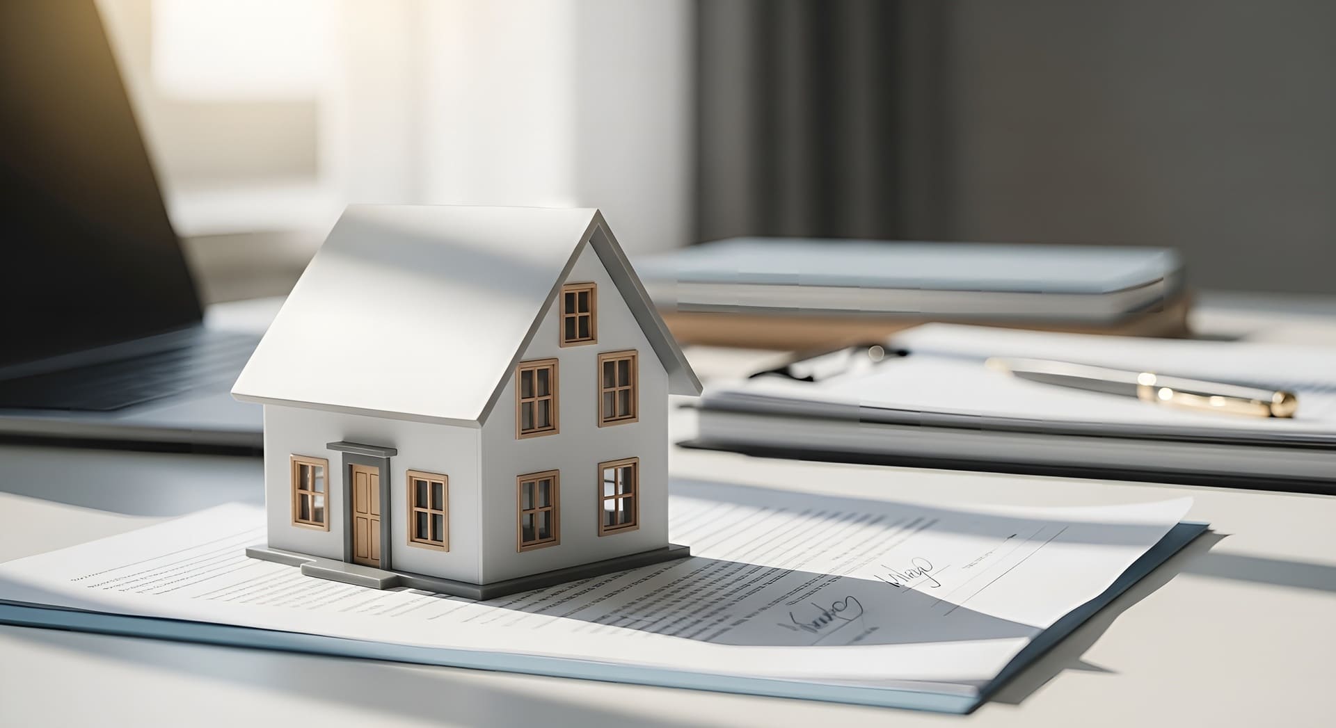 Modellhaus auf Vertragsunterlagen am Schreibtisch mit Laptop im Hintergrund.
