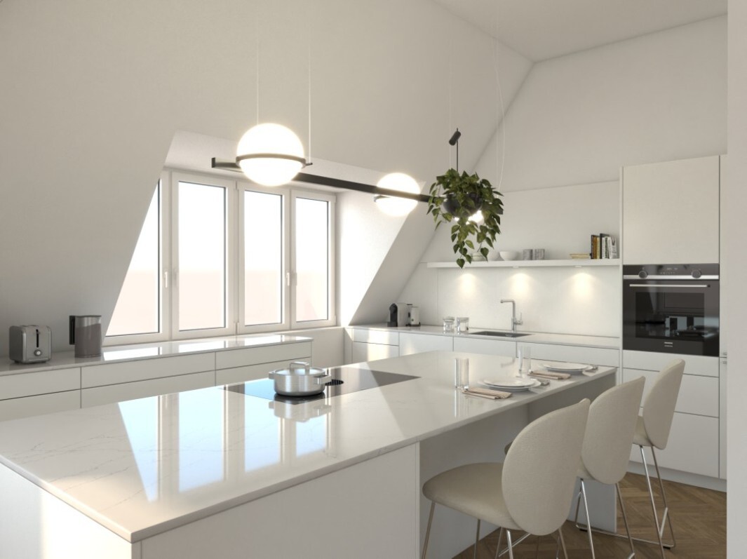 Visualisierung einer modernen, hochwertigen Küche mit Dachschrägen