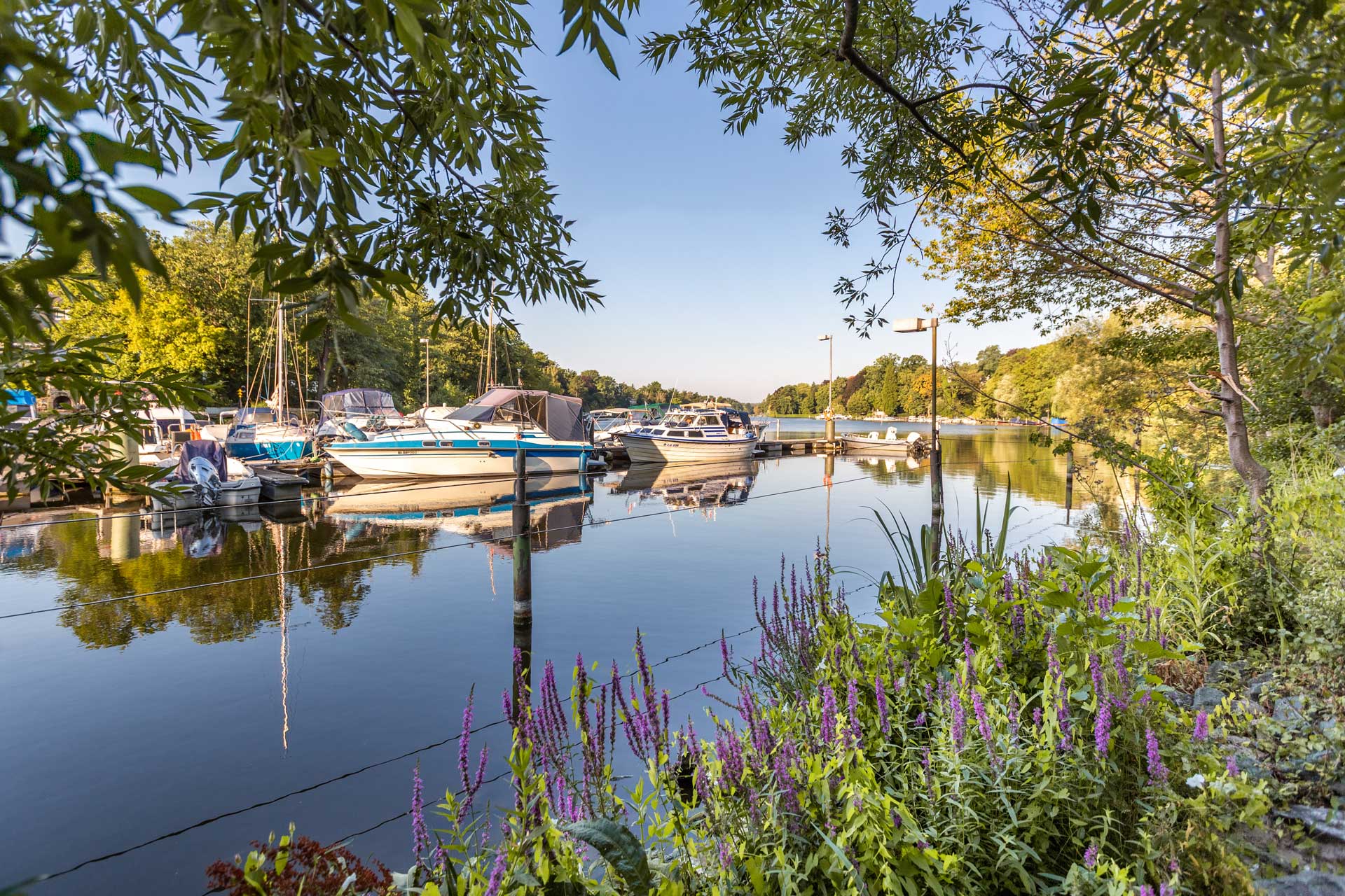 Boote an einem Steg am Wannsee umgeben von Natur: Leben im Südwesten Berlins