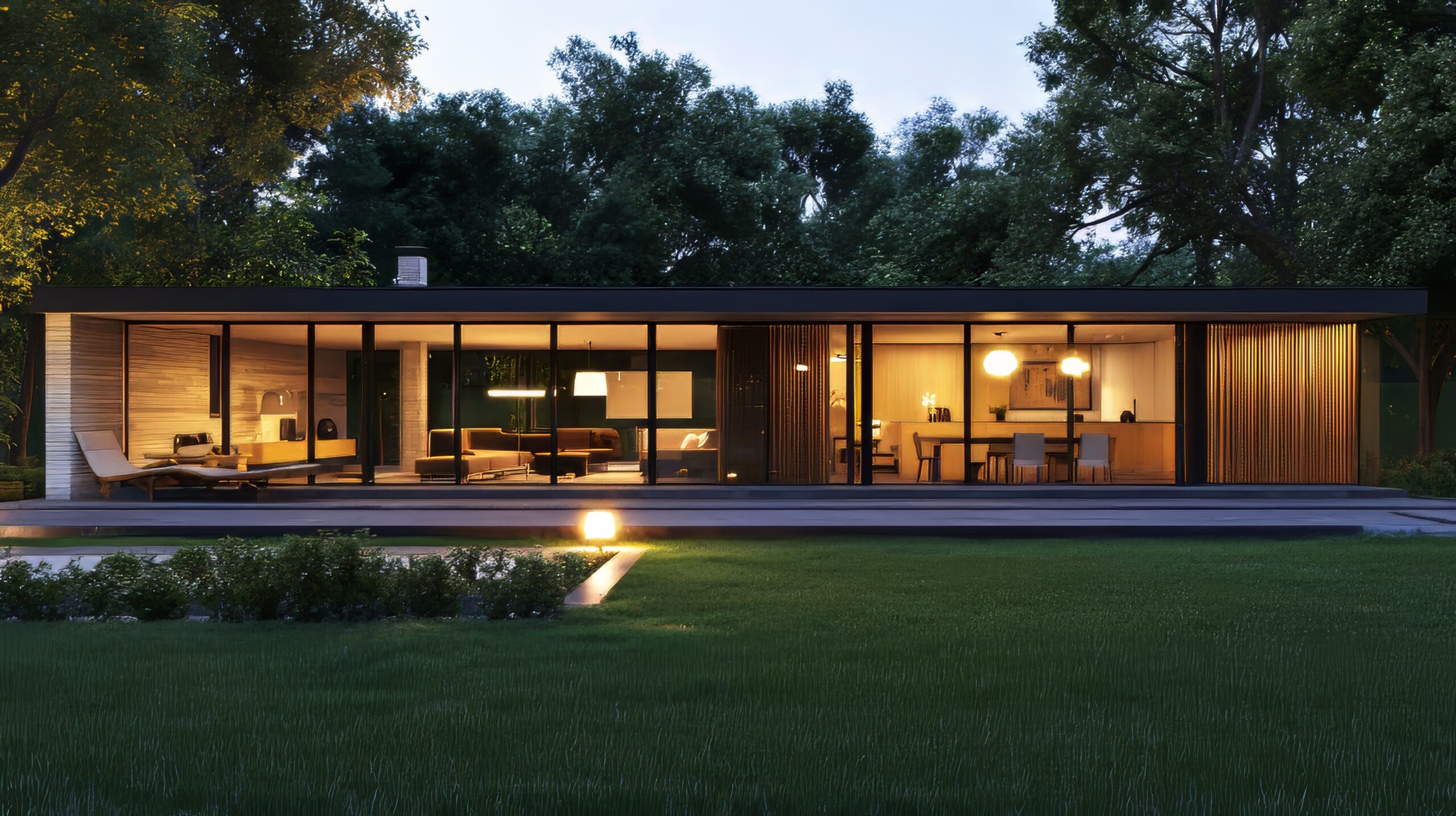 Frontanblick eines sehr modernen, einstöckigen Hauses