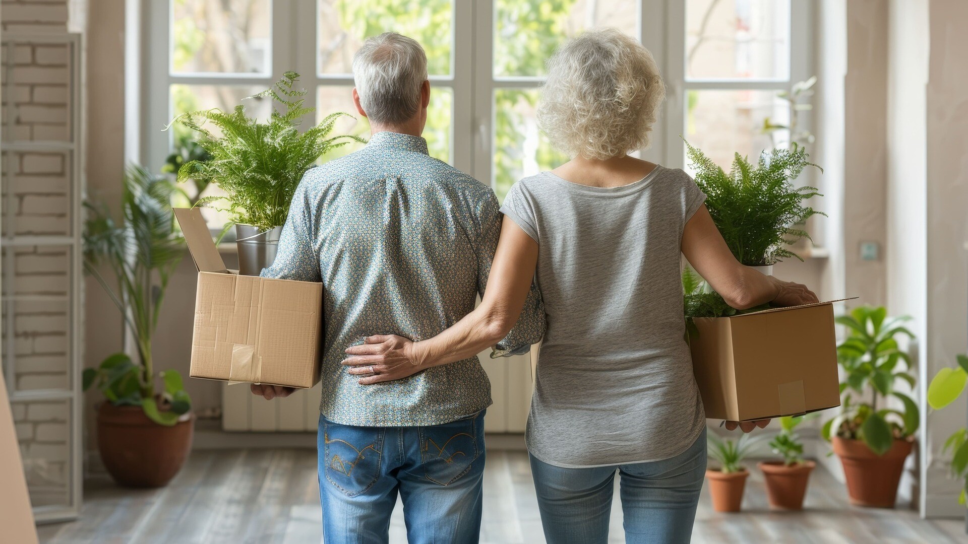 Ein älteres Ehepaar, von hinten aufgenommen, trägt Umzugskisten.