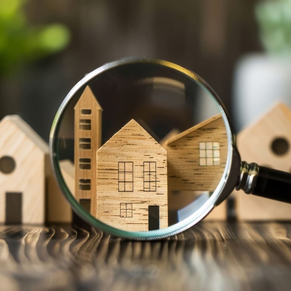 Eine Lupe zeigt auf Modellhäuser aus Holz