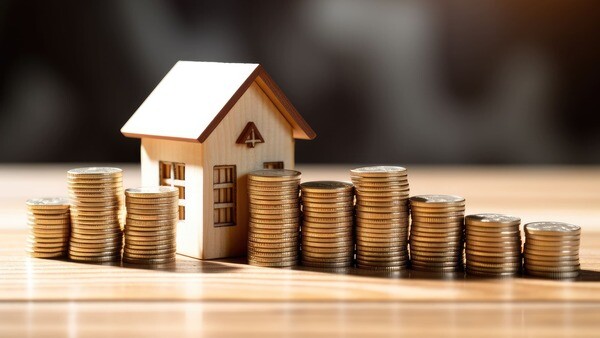 Ein Miniaturhaus befindet sich neben Münzhaufen.