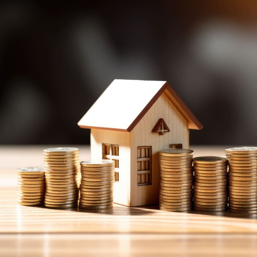 Ein Modellhaus steht neben Münzstapeln