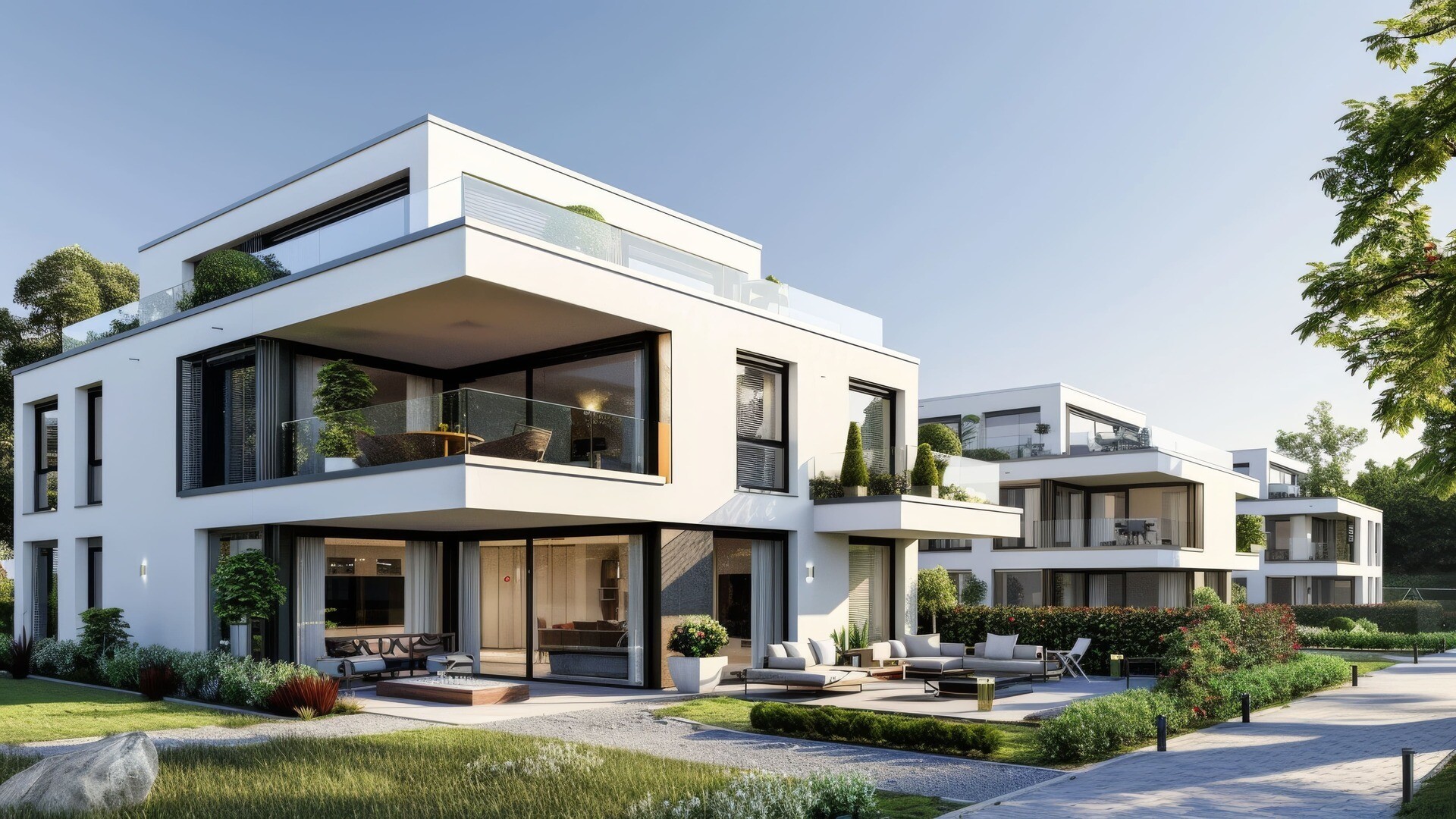 Ausblick auf ein zeitgemäßes Mehrfamilienhaus mit Balkonen und Terrasse.