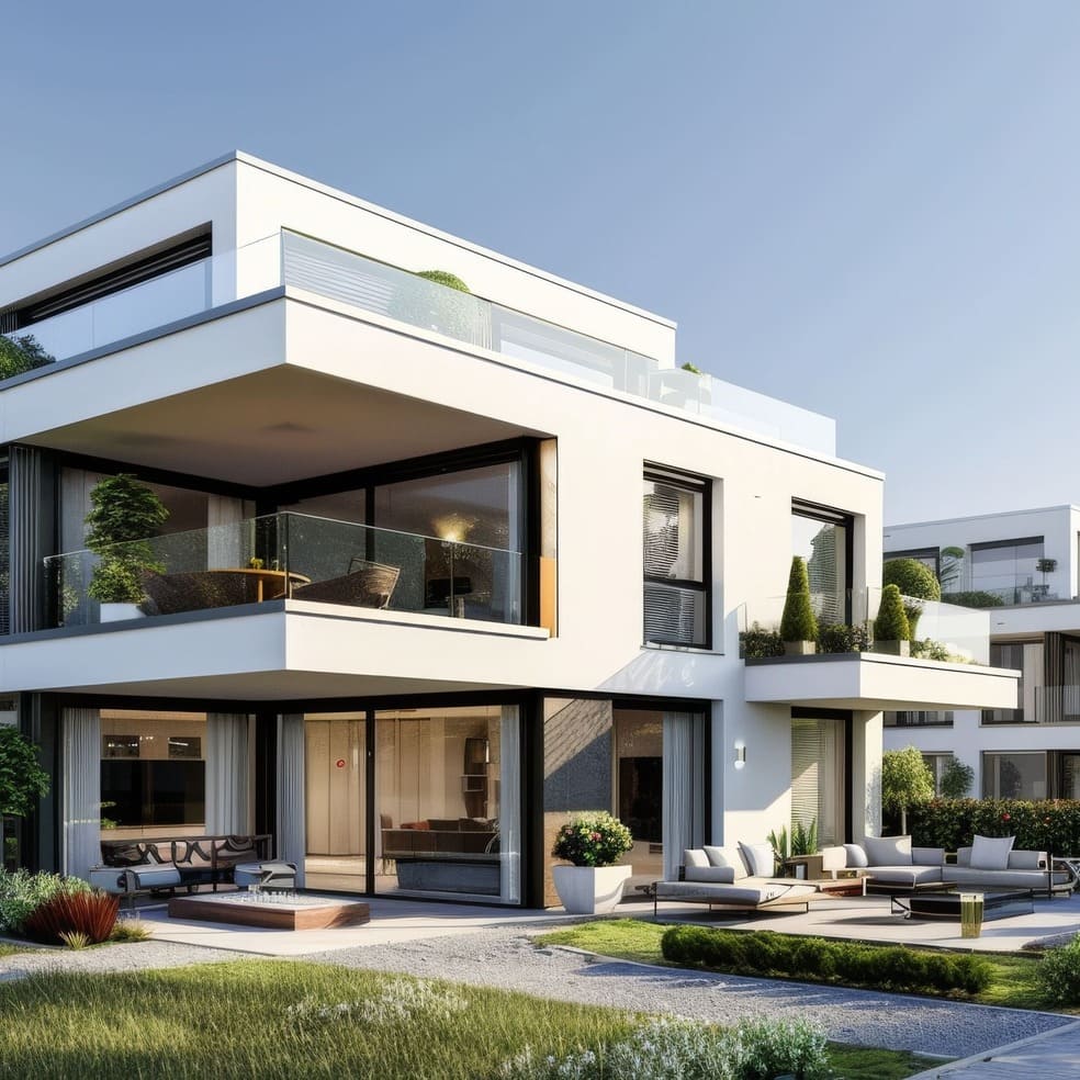 Blick auf ein modernes Mehrfamilienhaus mit Balkonen und Terrasse