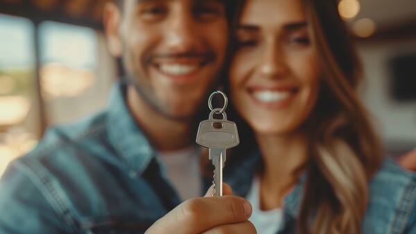 Ein Mann und eine Frau präsentieren lächelnd einen Schlüssel vor der Kamera.