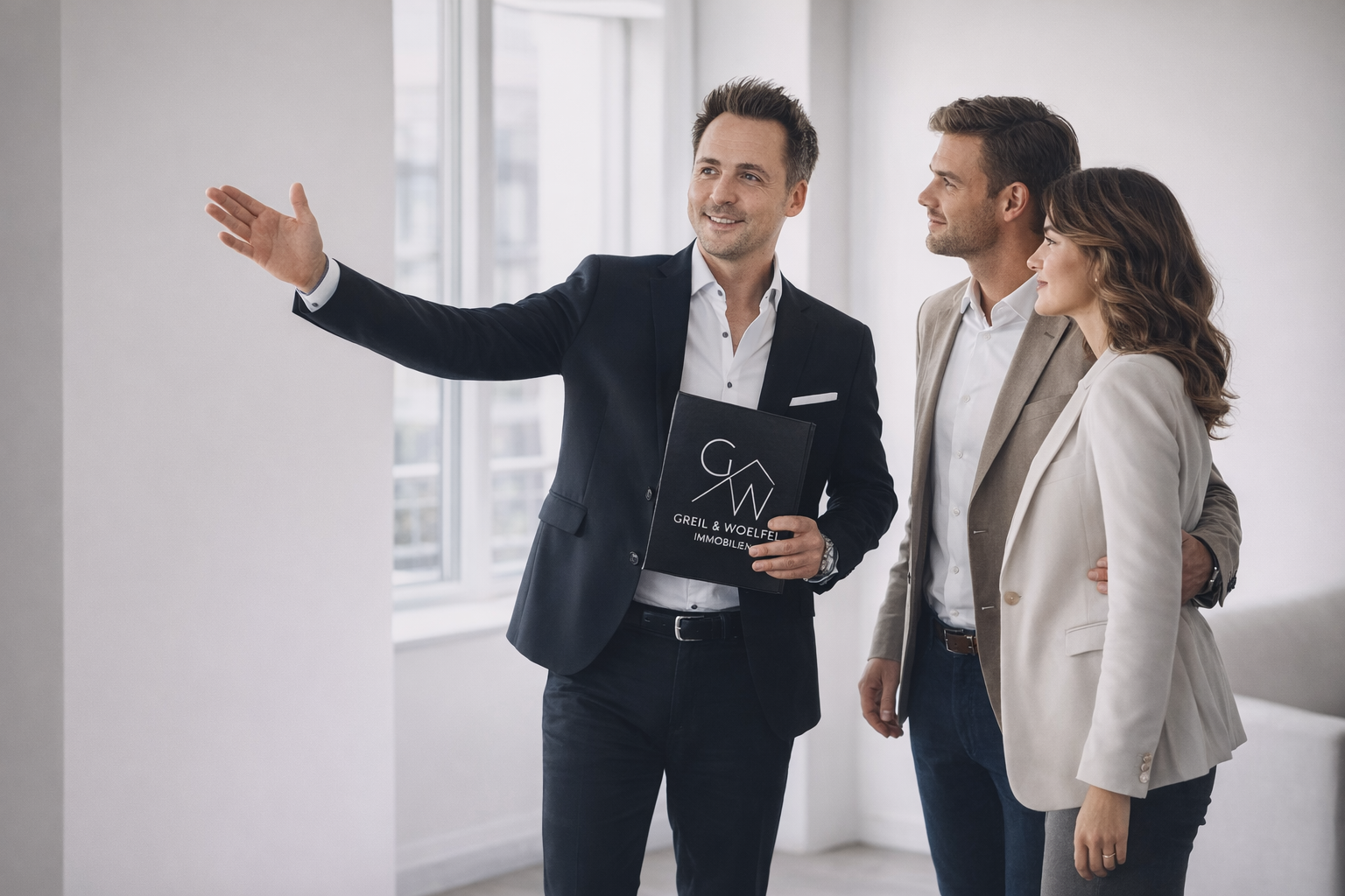 Ein Makler zeigt einem Interessentenpaar eine Immobilie