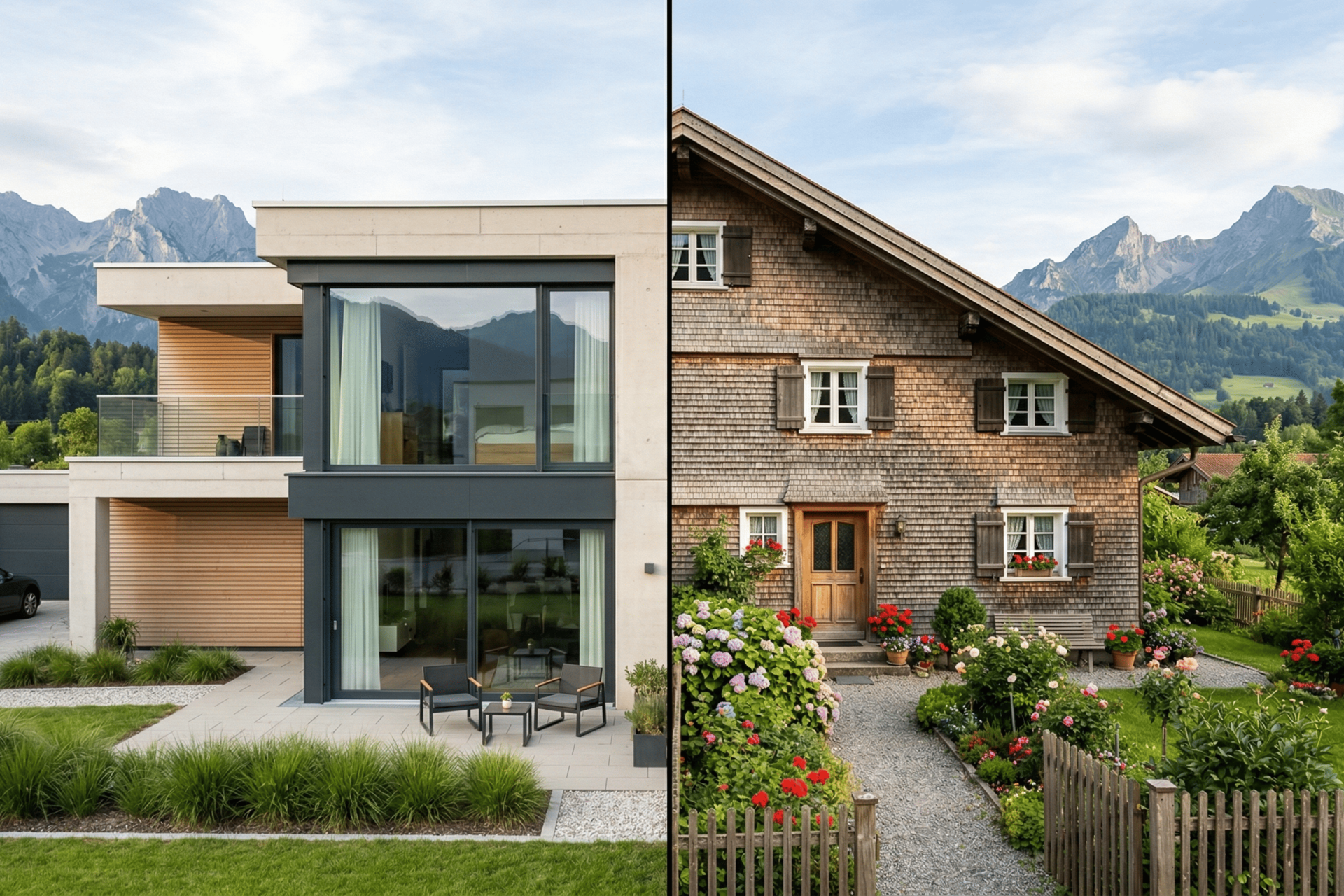 Neubauimmobilie und Bestandsimmobilie nebeneinander