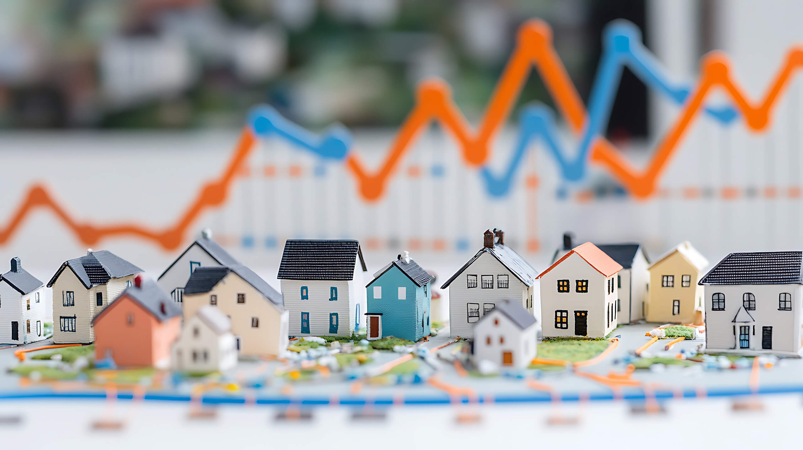 Miniaturhäuser vor steigenden und fallenden Immobilienkurven.
