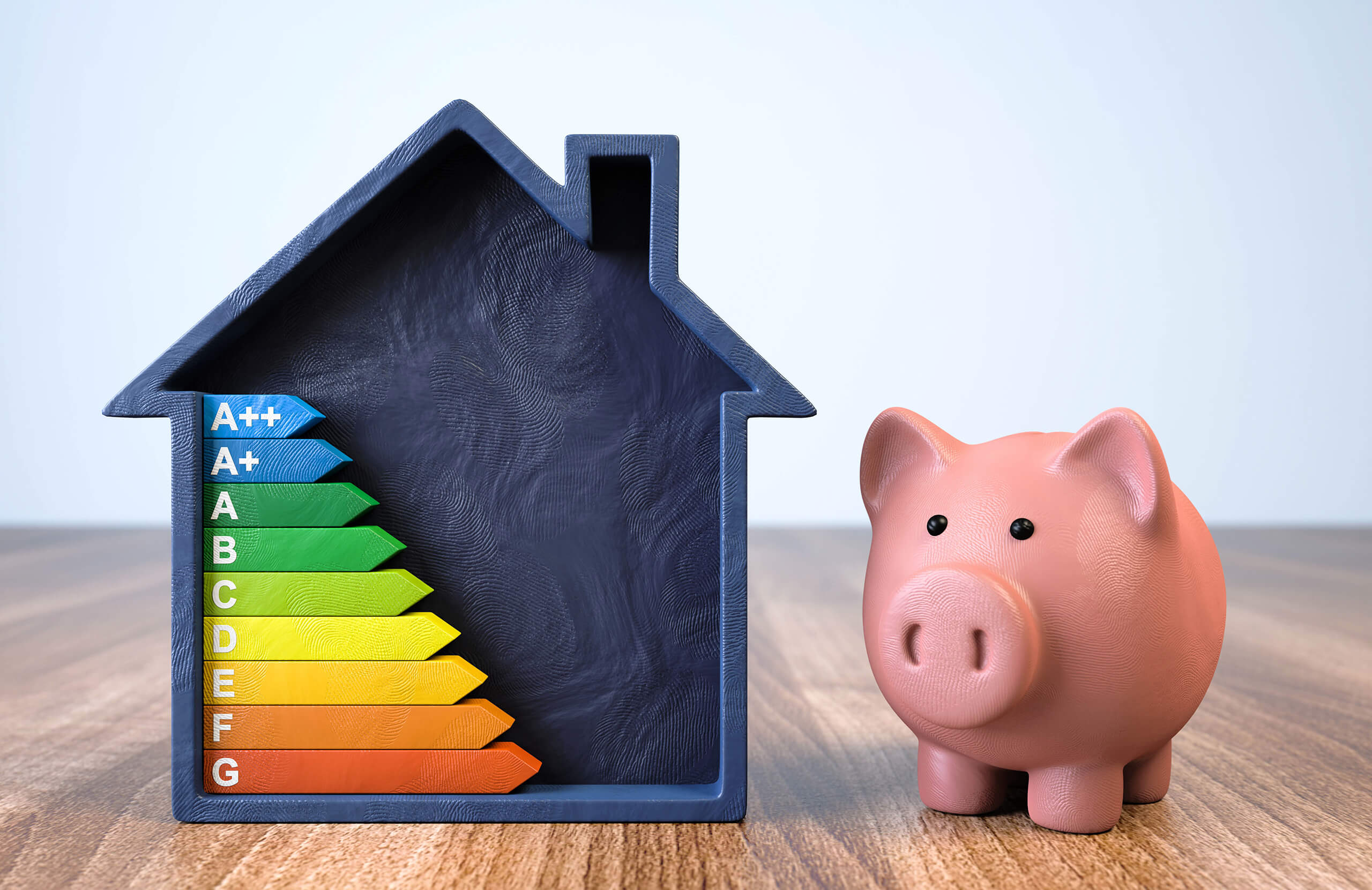 Sparschwein neben hausförmiger Energiekarte auf Holz: Energieeffizienzklassen