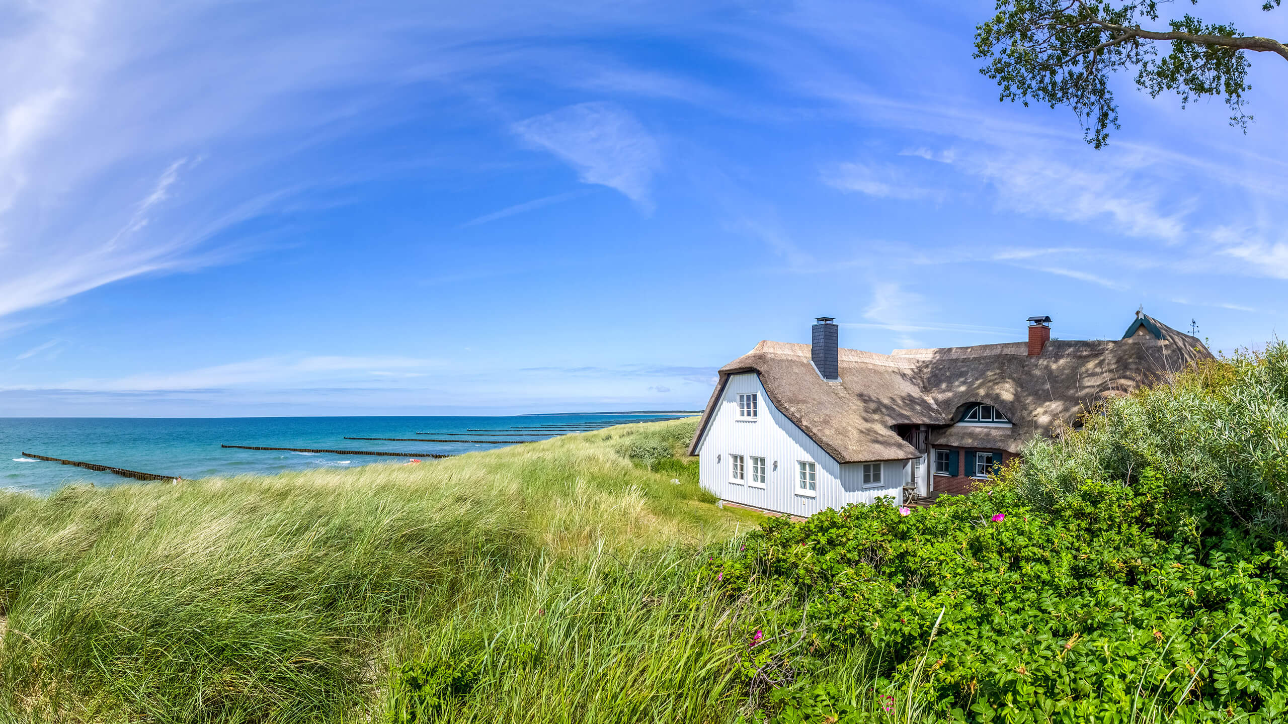 Strohgedecktes weißes Häuschen am Meer.