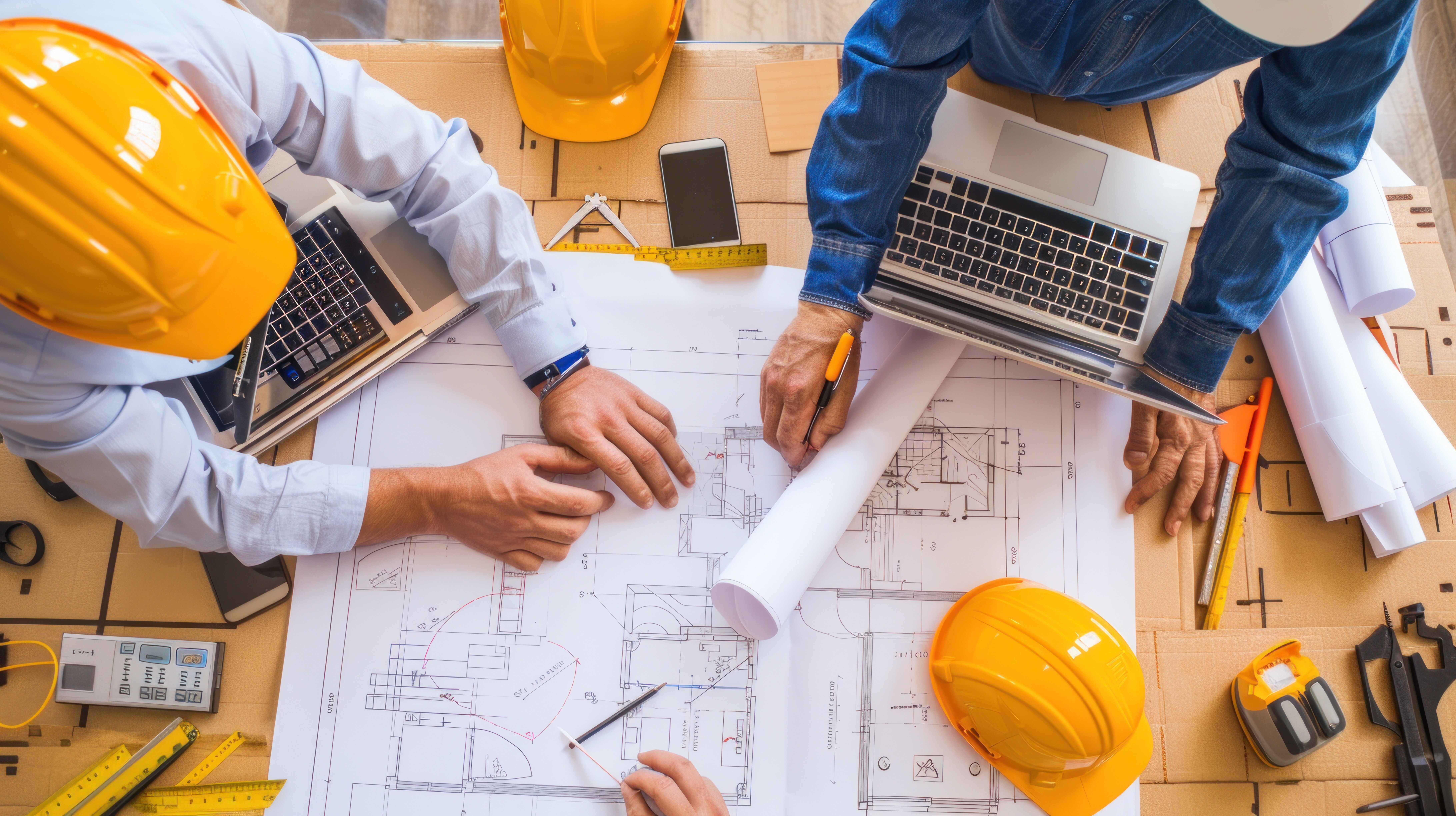 Ingenieure mit Helmen arbeiten an Bauplänen und Laptops.