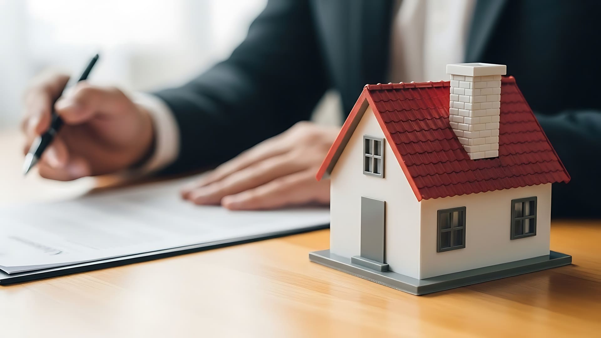 Makler unterschreibt Vertragsunterlagen am Tisch neben Modellhaus.