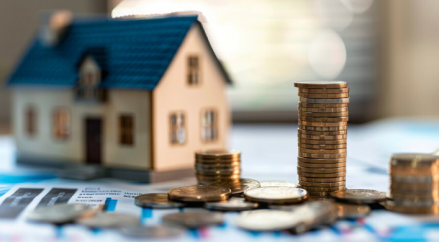 Münzstapel neben Modellhaus