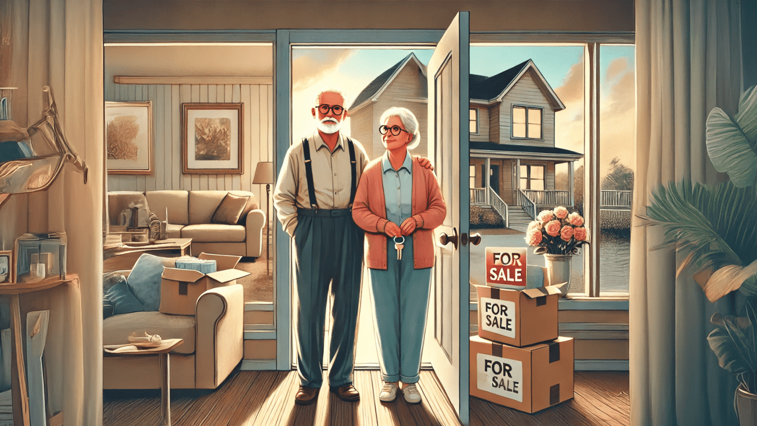 Älteres Paar betrachtet barrierefreie Wohnung packt Umzugskartons für altersgerechte Wohnung