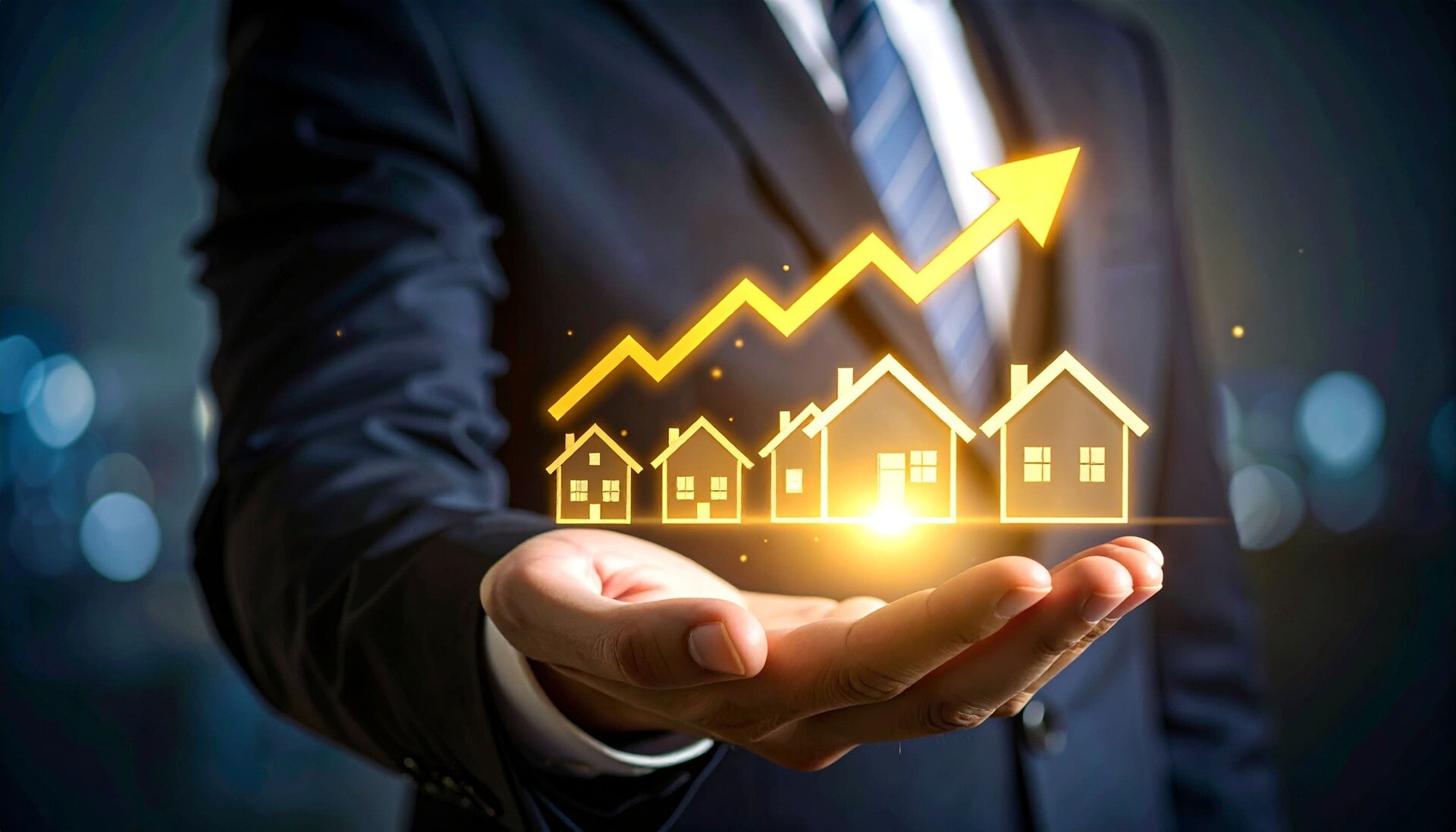 Ausgestreckte Hand mit digitalen Häusern