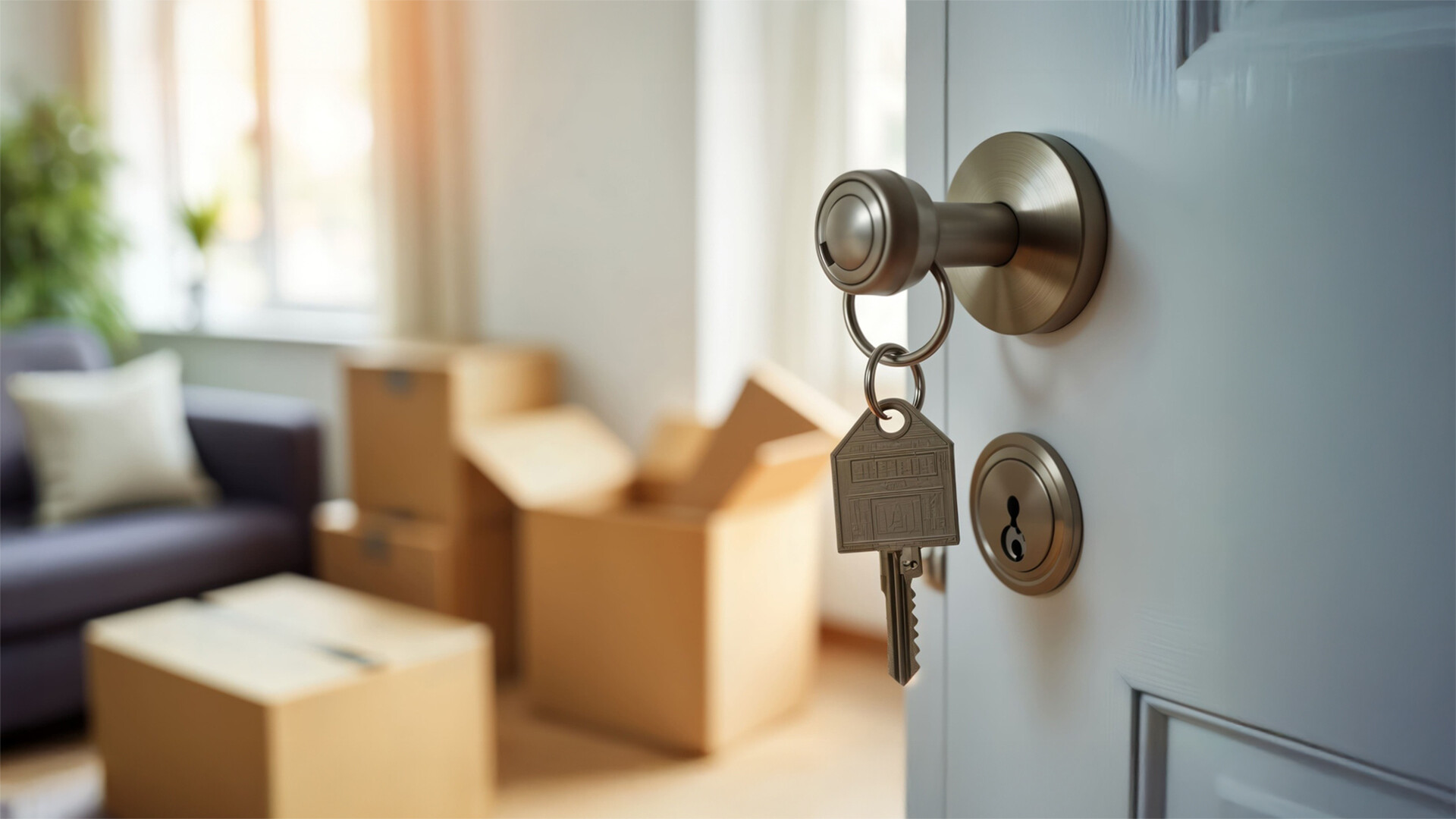 Eine geöffnete Tür zeigt einen Wohnraum mit Umzugskisten