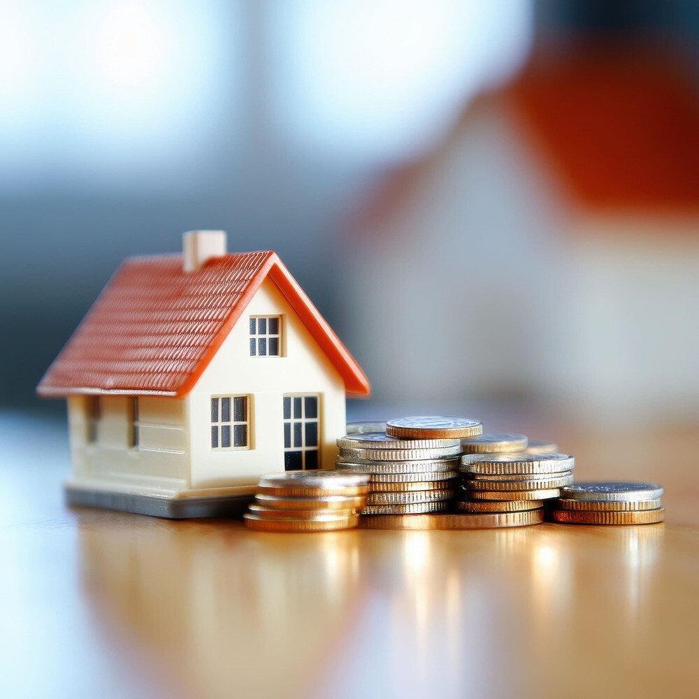 Modellhaus neben Münzstapeln