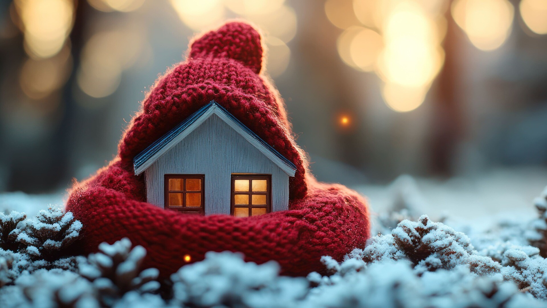 Haus mit Schal im Schnee