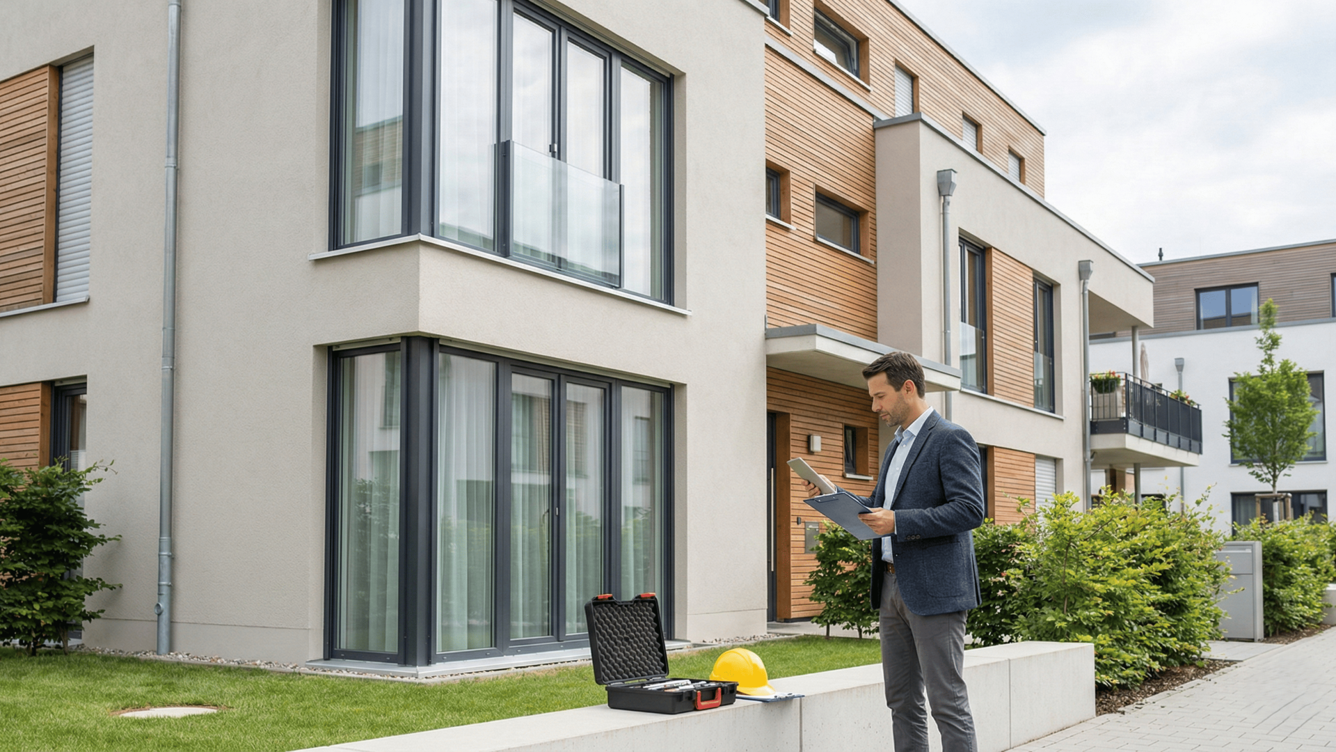 Makler steht vor modernem Mehrfamilienhaus