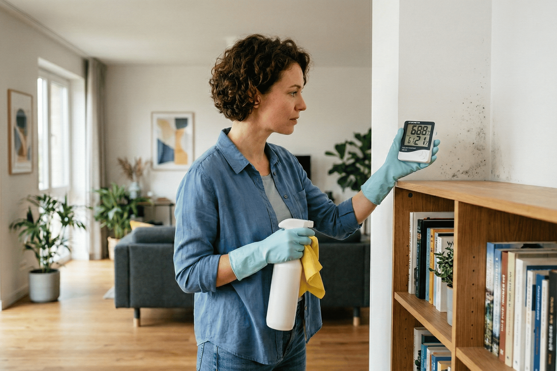 Frau beim Frühjahrsputz, überprüft die Feuchtigkeit im Raum