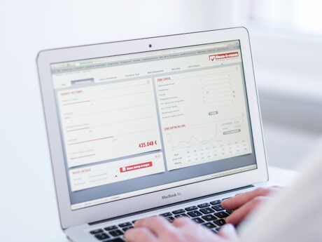 Person benutzt den Haus-t-raum Finanzierungsrechner am Laptop