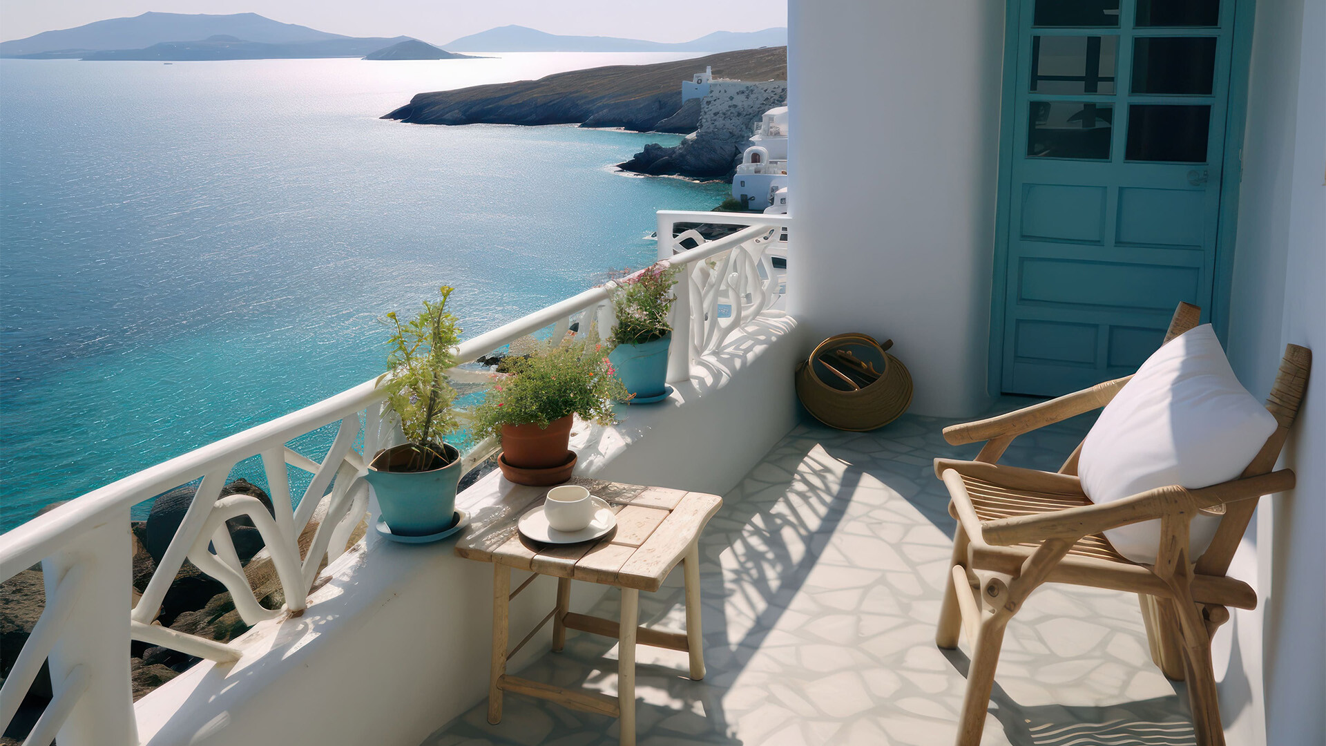 Gemütlicher Balkon eines Apartments mit Blick auf das Meer